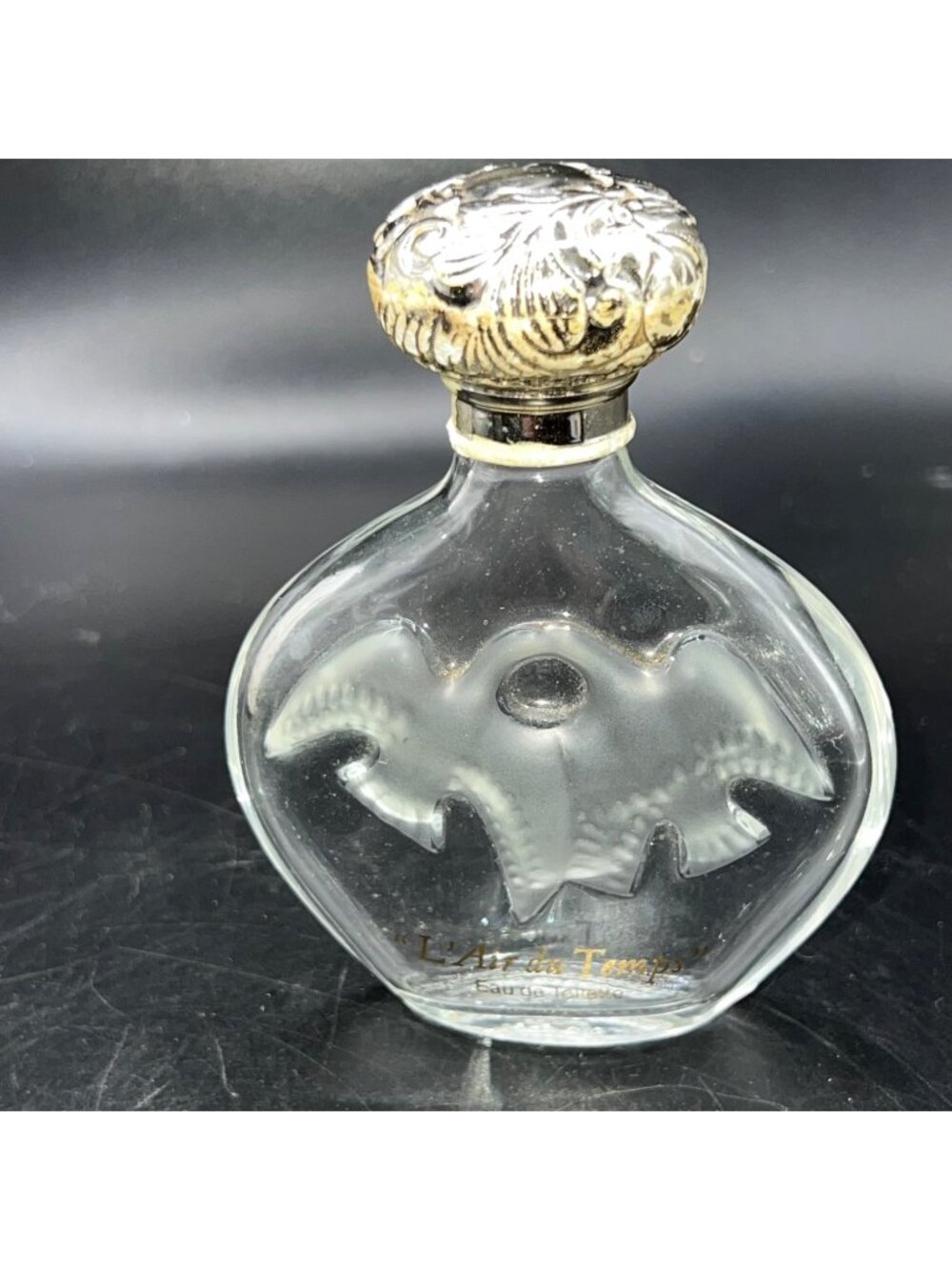 LAir Du Temps By Lalique Frosted Glass Perfume Bottle Ornate Dove Empty Vintage